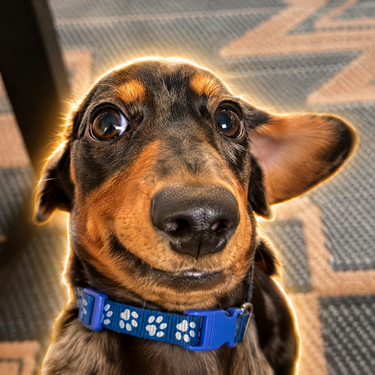Rocky the viral dachshund staring with huge confused eyes